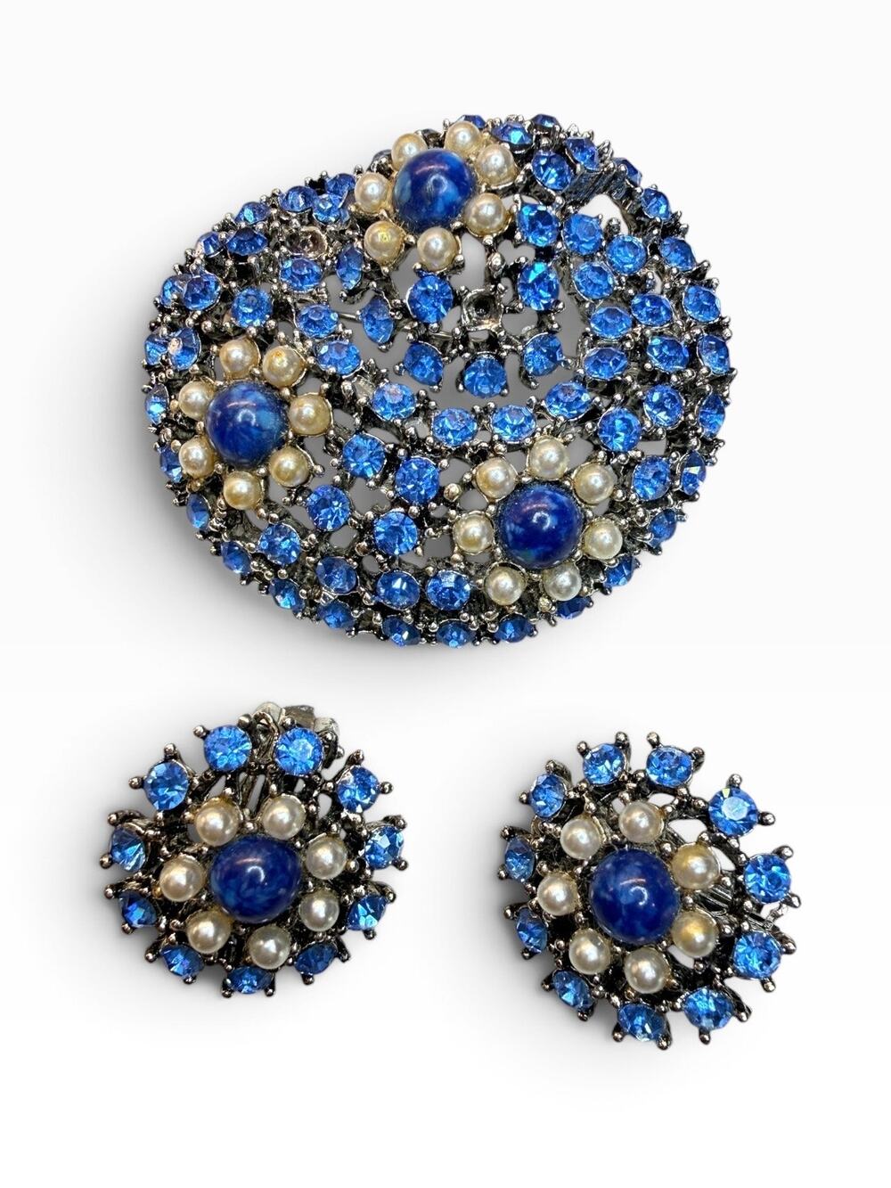 MCM Weiss Costume Jewelry Set: Blue Rhinestone & Faux Lapis Cabochon Demi-Parure